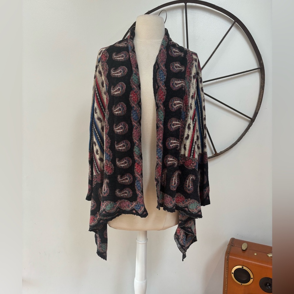 Anthropologie merino wool paisley patterned open front draped cardigan
